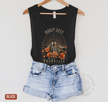 Nashville Music City Muscle Tank – Retro Country Concert Style - Sunlit Funlit | Graphic Tees for Country Concert Addicts